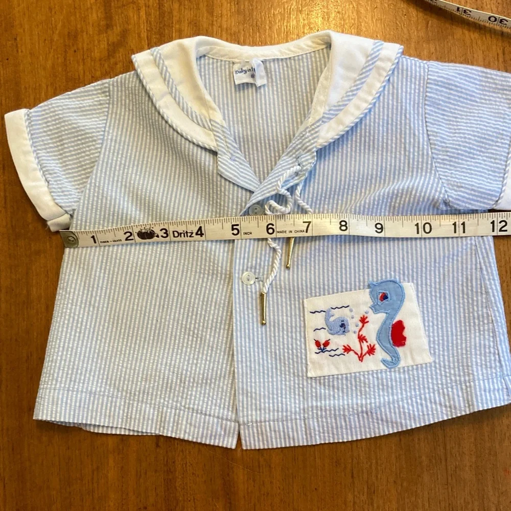 Vintage 60s Two Piece Baby Sailor Suit Blue and White Seahorse 3-6mo - Picture 10 of 11